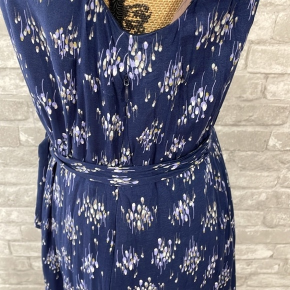 Boden A Line Dress US 14L Tie Waist Navy Blue Tan Trim Cap Sleeves Floral - Picture 8 of 8